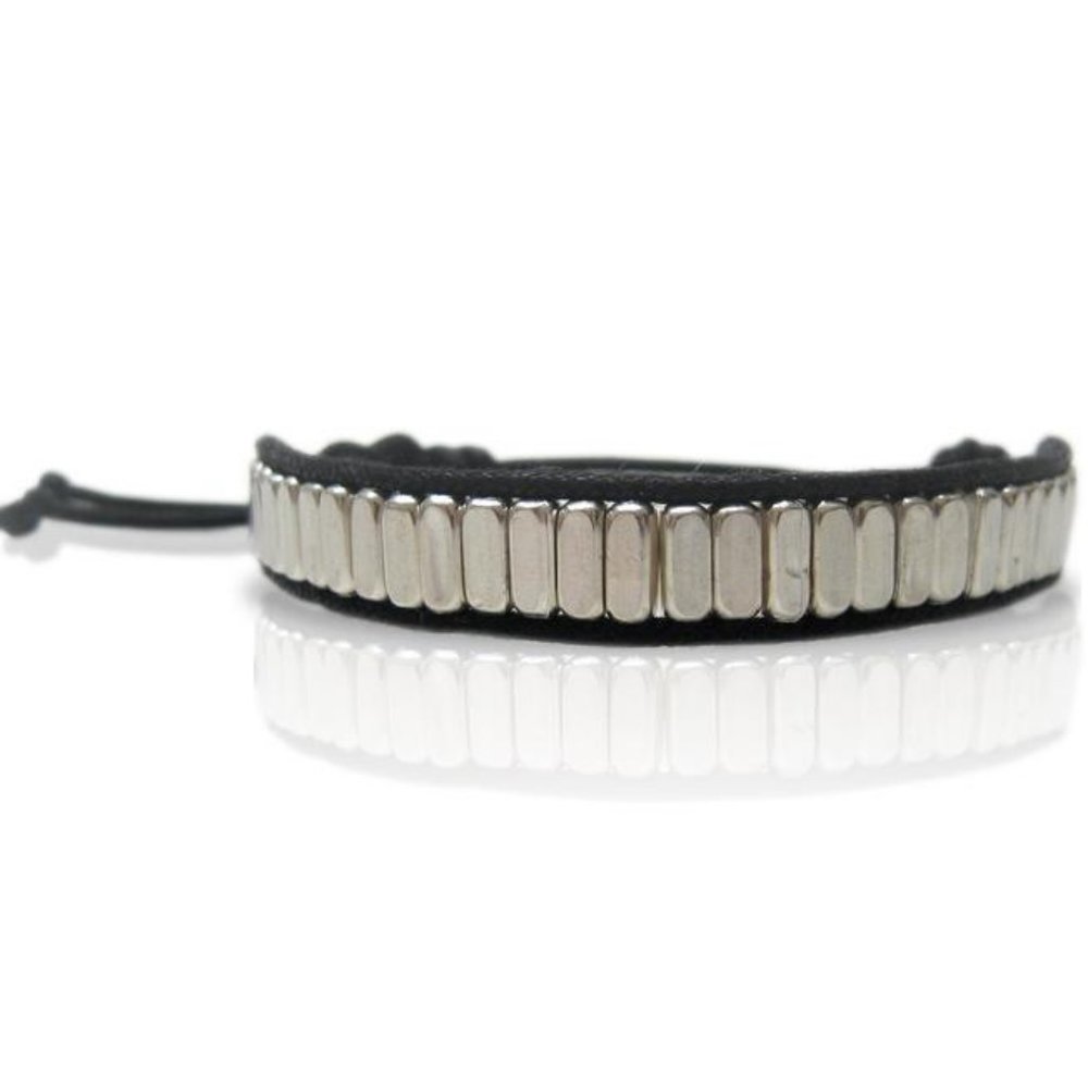 NWT 925 Sterling Silver Men's Bead Bracelet sewn on Black Cord- Patricia Candido